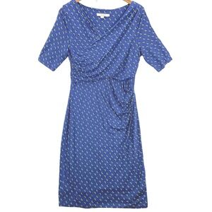 Boden Women's 12R Faux Wrap Sheath Dress Blue Geometric Dot Ruched Tencel